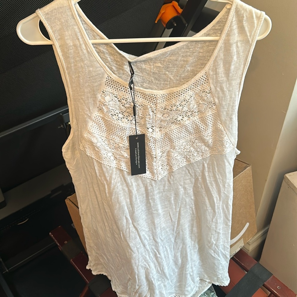 Cable & Gauge New White Linen Blend Lace Front Sleeveless Tank Top Blouse